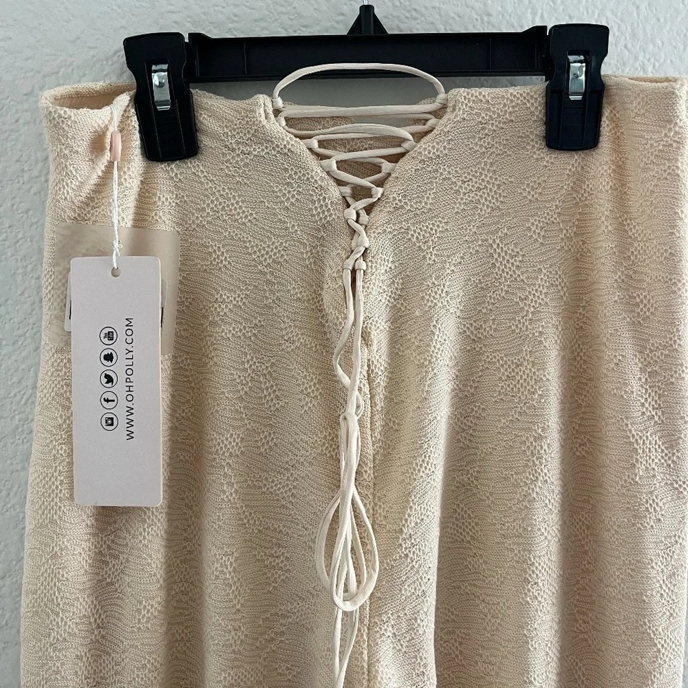 NWT OH POLLY | Zuni Lace Up Back High Waisted Flare Trousers in Cream | Size 10